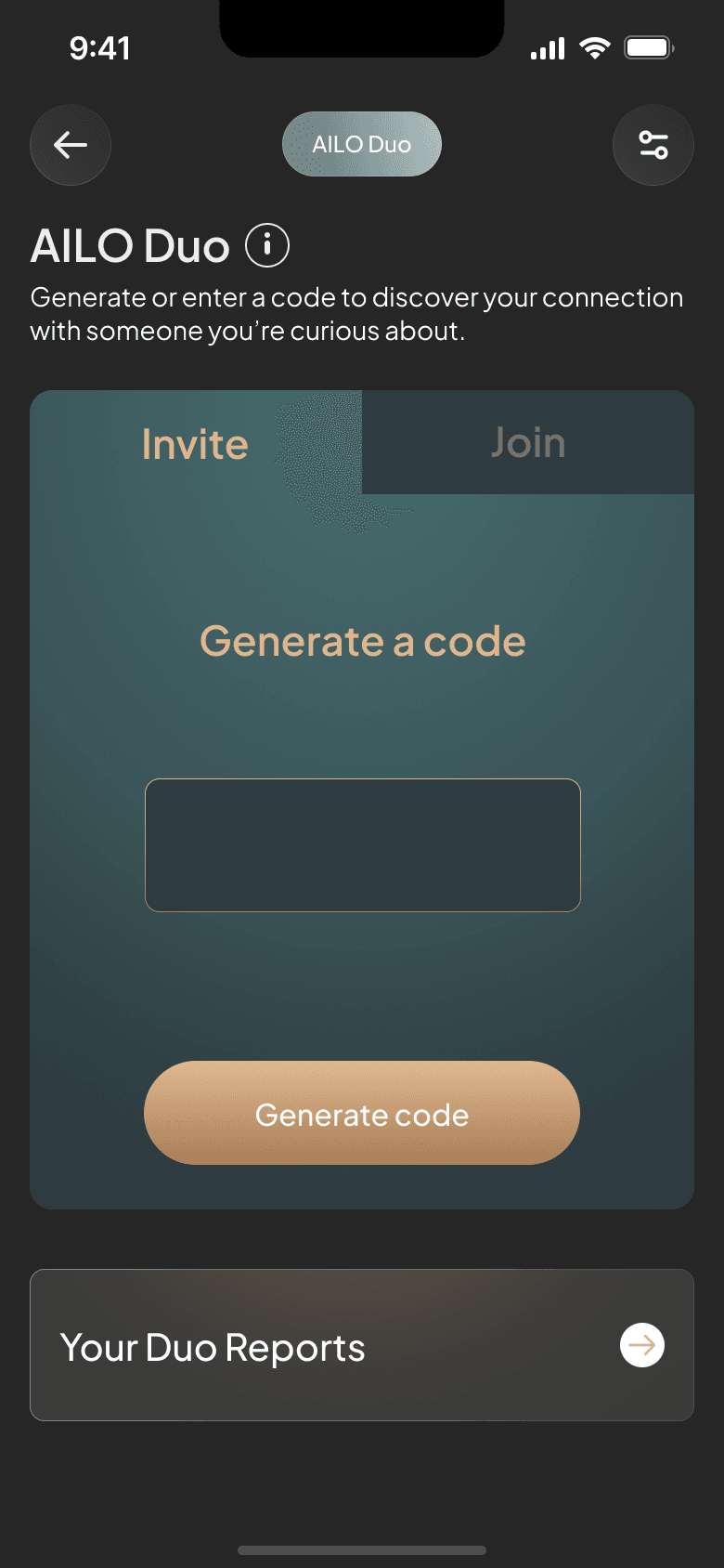 AILO Duo Invite tab with the Generate a code button