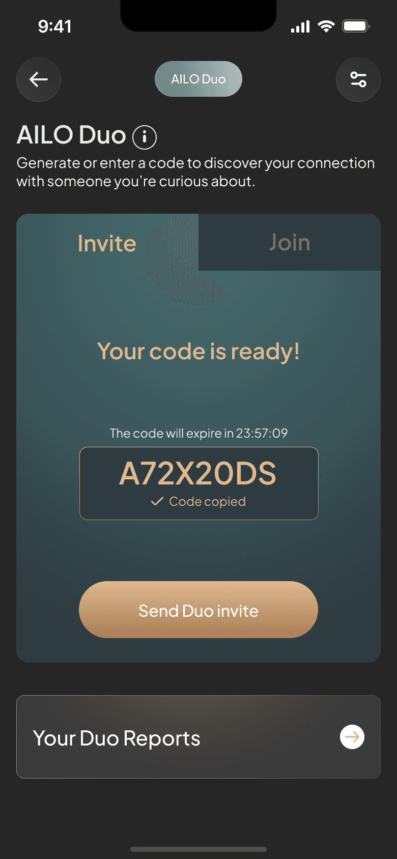 AILO Duo invite code ready to copy or send